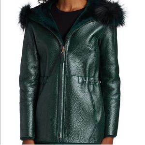 Elegant Dark Green Leather Jacket with Faux Fur Trim Size S